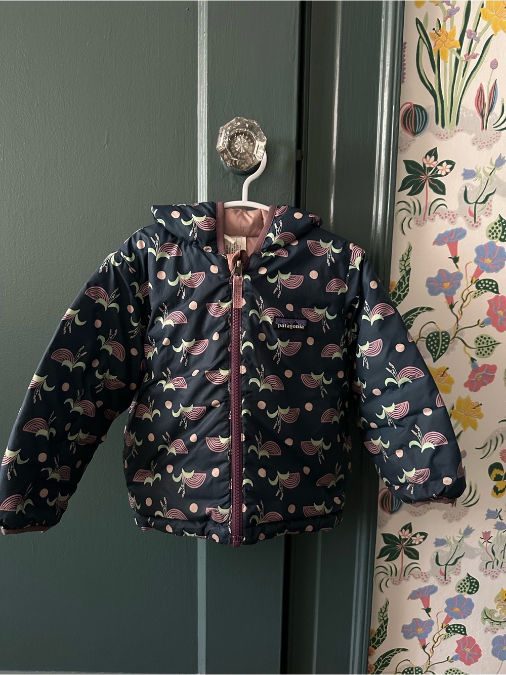 Patagonia Navy Kids Hooded Puffer Jacket with Pink & Cream Rainbow Print
